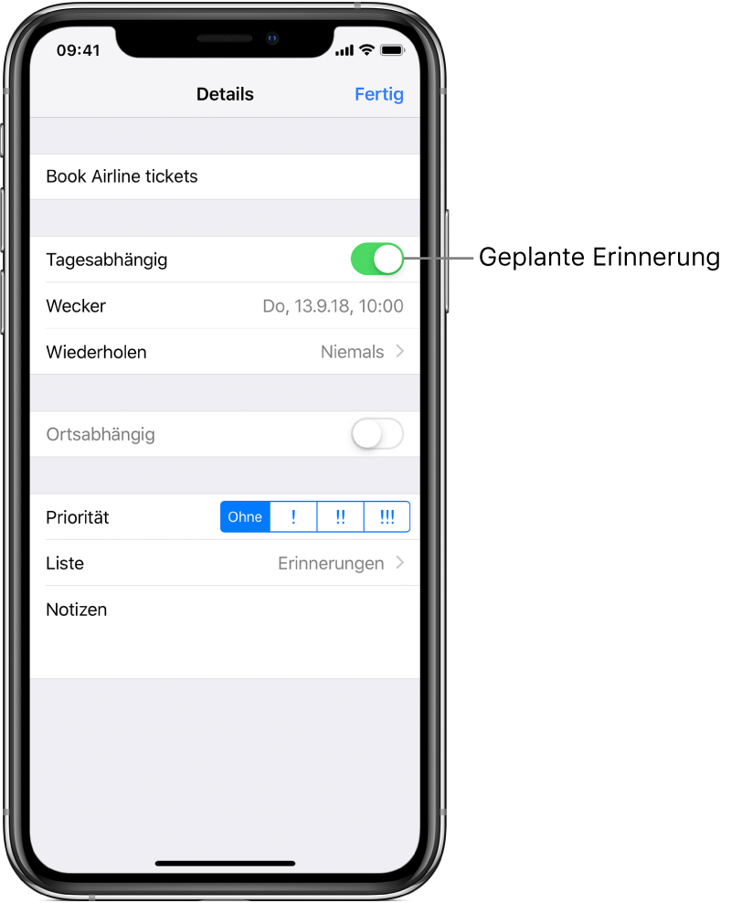 Ein Detailbildschirm der App „Erinnerungen“ mit der aktivierten Option „Tagesabhängig“ und dem festgelegten Zeitpunkt (Datum und Uhrzeit) unter der Erinnerung.