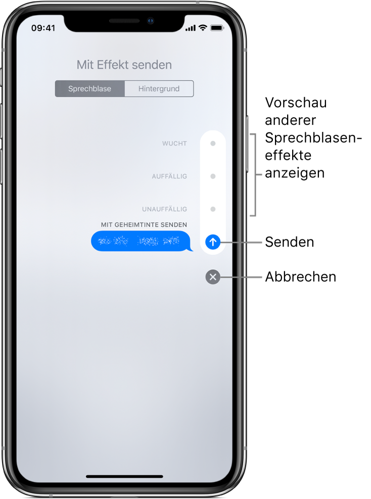 Eine Vorschau mit dem Effekt „Unsichtbare Tinte“. Tippe rechts auf ein Bedienelement, um die anderen Sprechblaseneffekte anzuzeigen. Tippe erneut auf das gleiche Element, um den Effekt zu senden, oder tippe auf „Abbrechen“ unten, um zur Nachricht zurückzukehren.
