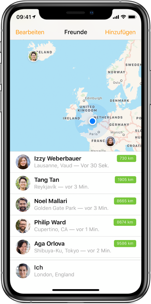 Der Bildschirm „Freunde suchen“ mit einer Karte, auf der die aktuellen Aufenthaltsorte der Freunde markiert sind, und einer Liste in der unteren Hälfte, die die Namen der Freunde, ihre Standorte und die jeweilige Entfernung zu deinem aktuellen Standort enthält.