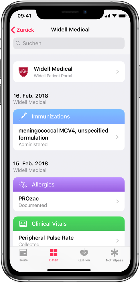 Ein Bildschirmfoto mit Gesundheitseinträgen in chronologischer Reihenfolge, wobei die neuesten Einträge am Anfang der Liste stehen. Oben auf dem Bildschirm wird „Widell Medical, Widell Patient Portal“ als Quelle der Datensätze angezeigt. Der jüngste Eintrag stammt vom 16. Februar 2018 und bezieht sich auf eine Impfung gegen Meningokokken mit einem Konjugat-Impfstoff (MCV4). Unter dem Datensatz der Impfung befinden sich zwei Datensätze mit Datum 15. Februar 2018. Der erste bezieht sich auf eine PROzac-Allergie, der zweite auf eine periphere Pulsmessung.