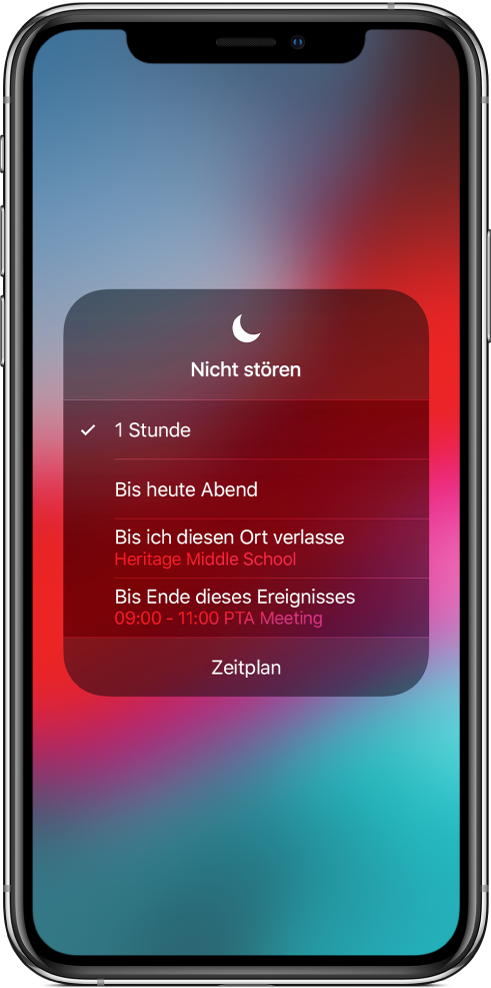 Ein Bildschirm mit den Optionen, den Modus „Nicht stören“ für die Dauer einer Stunde, bis zum Abend, bis zum Verlassen eines Orts oder bis zum Ende eines Ereignisses zu aktivieren.