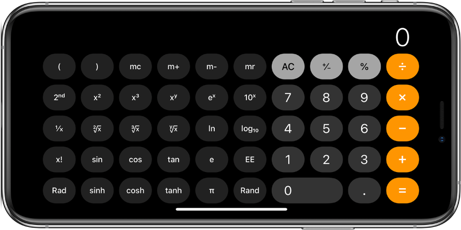 Auf dem iPhone im Querformat wird die App „Rechner“ zum wissenschaftlichen Taschenrechner für Exponential-, Logarithmus- und Trigonometriefunktionen.