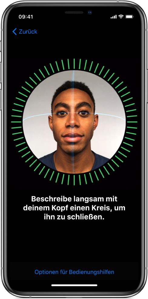 Der Bildschirm zum Einrichten der Face ID-Erkennung. Auf dem Bildschirm ist ein Gesicht in einem Kreis zu sehen. Der Text darunter fordert dich auf, den Kopf langsam zu bewegen, um den Kreis zu schließen.