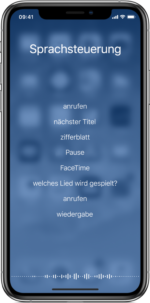 Bildschirm der Sprachsteuerung mit Beispielen verfügbarer Befehle. Entlang des unteren Bildschirmrands ist eine Wellenform zu sehen.