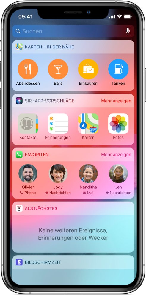 Die Ansicht „Heute“ mit Widgets für „Karten – In der Nähe“, „Siri-App-Vorschläge“, „Favoriten“, „Als Nächstes“ und „Bildschirmzeit“.