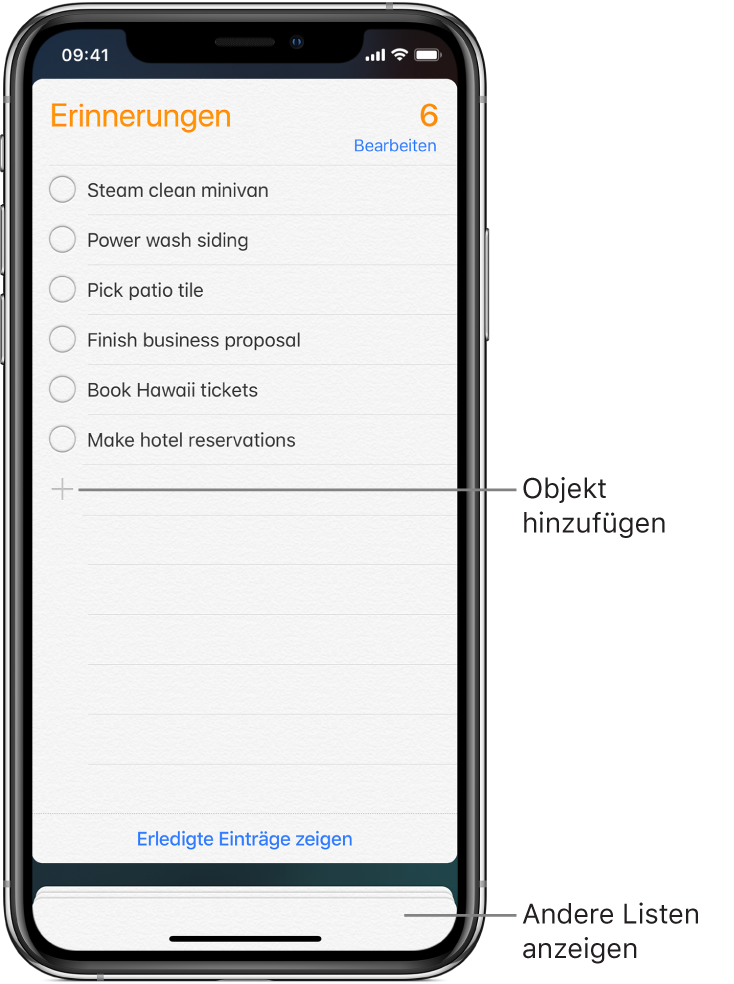 Ein Bildschirm der App „Erinnerungen“ mit einer Erinnerungsliste. Links unter der Liste ist die Taste „Hinzufügen“ zu sehen.