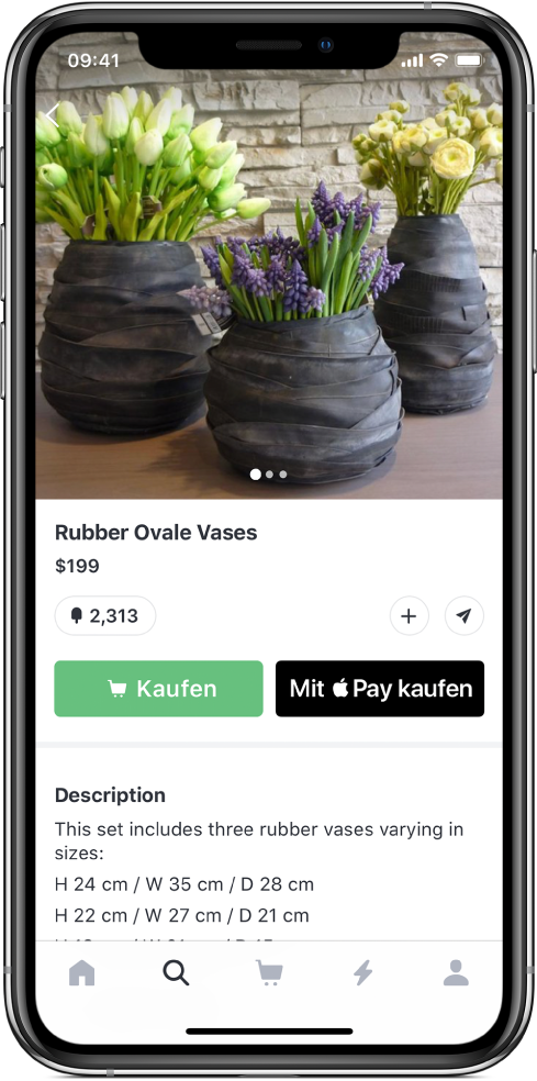 Ein Bildschirm einer App für einen Bezahlvorgang mit der Taste „Mit Apple Pay kaufen“.