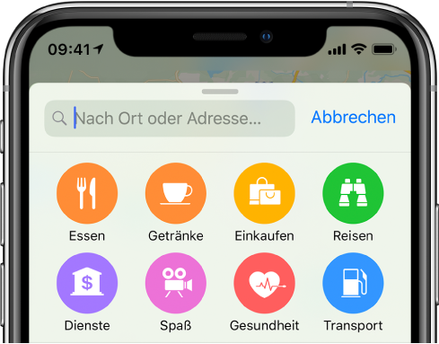Unter dem Suchfeld werden Tasten für acht Kategorien von Dienstleistungen angezeigt. In der oberen Reihe werden die Tasten „Essen“, „Trinken“, „Einkaufen“ und „Reisen“ angezeigt. In der unteren Reihe werden die Tasten „Dienste“, „Spaß“, „Health“ und „ÖPNV“ angezeigt.