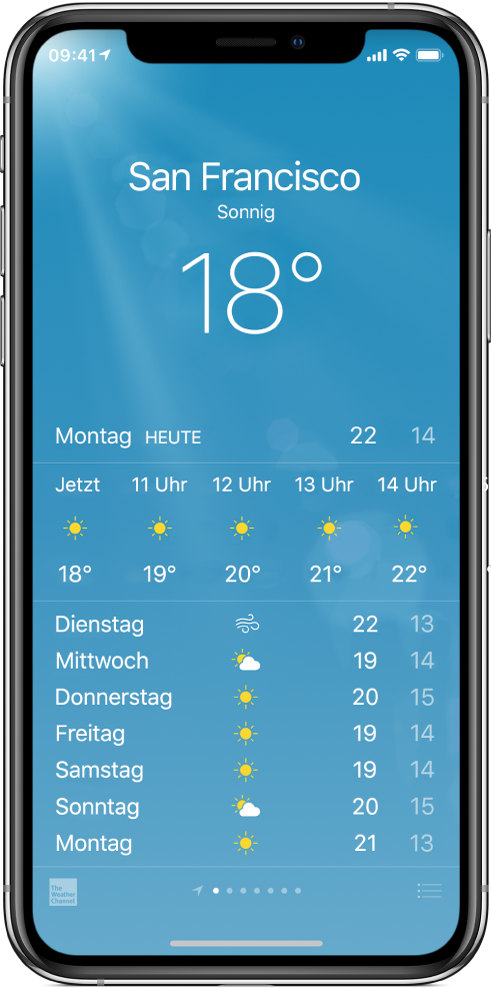 Der Bildschirm der App „Wetter“ mit den aktuellen Wetterbedingungen und der aktuellen Temperatur in einer Stadt. Darunter ist die Vorhersage für die nächsten Stunden und die Prognose für die nächsten fünf Tage zu sehen. Die Anzahl der Punkte am unteren Bildschirmrand reflektiert die Anzahl der von dir ausgewählten Städte.