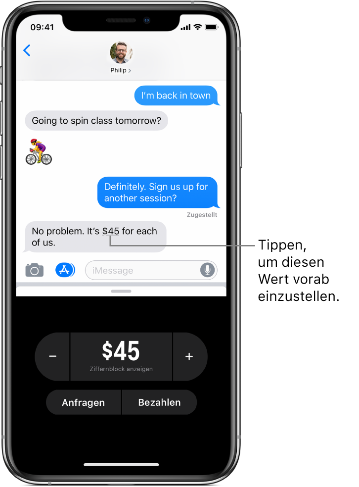 Eine iMessage-Konversation mit der geöffneten App „Apple Pay“ unten.