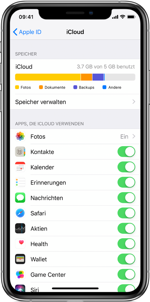 Bildschirm mit den iCloud-Einstellungen mit der Nutzungsanzeige für den iCloud-Speicher und einer Liste von Apps und Diensten wie „Mail“, „Kontakte“ und „Nachrichten“, die mit iCloud verwendet werden können.