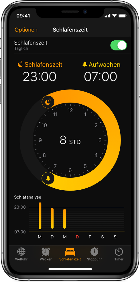 In der App „Uhr“ ist die Taste „Schlafenszeit“ ausgewählt; die Zubettgehzeit ist auf 23:00 Uhr und die Weckzeit auf 7:00 Uhr eingestellt.