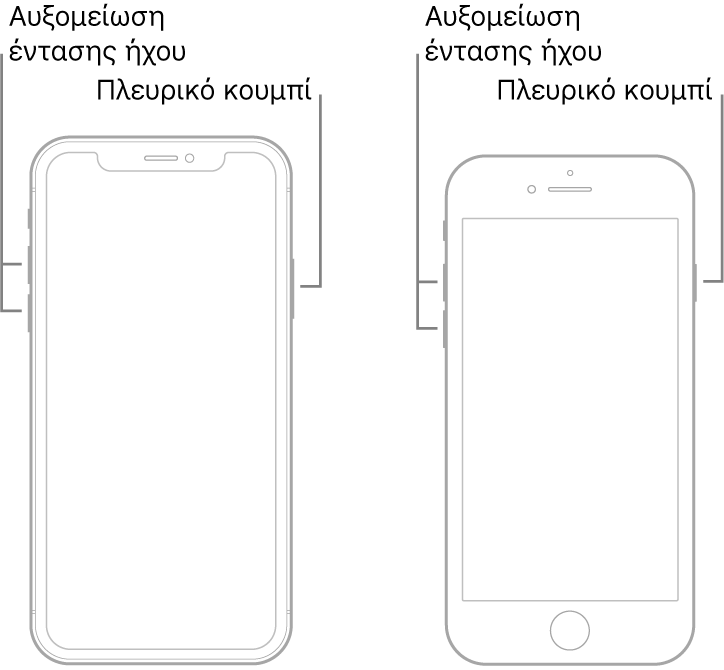 Εικόνες δύο μοντέλων iPhone με τις οθόνες στραμμένες προς τα πάνω. Το τέρμα αριστερά μοντέλο δεν έχει κουμπί Αφετηρίας και το τέρμα δεξιά μοντέλο έχει κουμπί Αφετηρίας κοντά στο κάτω μέρος της συσκευής. Και στα δύο μοντέλα, τα κουμπιά αύξησης και μείωσης της έντασης ήχου βρίσκονται στην αριστερή πλευρά της συσκευής και ένα πλευρικό κουμπί βρίσκεται στη δεξιά πλευρά.