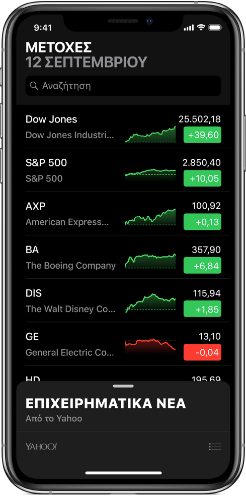 Μια λίστα παρακολούθησης δείχνει μια λίστα διαφορετικών μετοχών. Για κάθε μετοχή στη λίστα εμφανίζονται τα εξής, από αριστερά προς δεξιά: το σύμβολο και το όνομα της μετοχής, ένα γράφημα απόδοσης, η τιμή μετοχής και η αλλαγή τιμής. Στο πάνω μέρος της οθόνης, κάτω από τη λίστα παρακολούθησης, βρίσκεται το πεδίο αναζήτησης. Κάτω από τη λίστα παρακολούθησης, βρίσκονται τα Επιχειρηματικά νέα. Σαρώστε προς τα πάνω στα Επιχειρηματικά νέα για εμφάνιση άρθρων.
