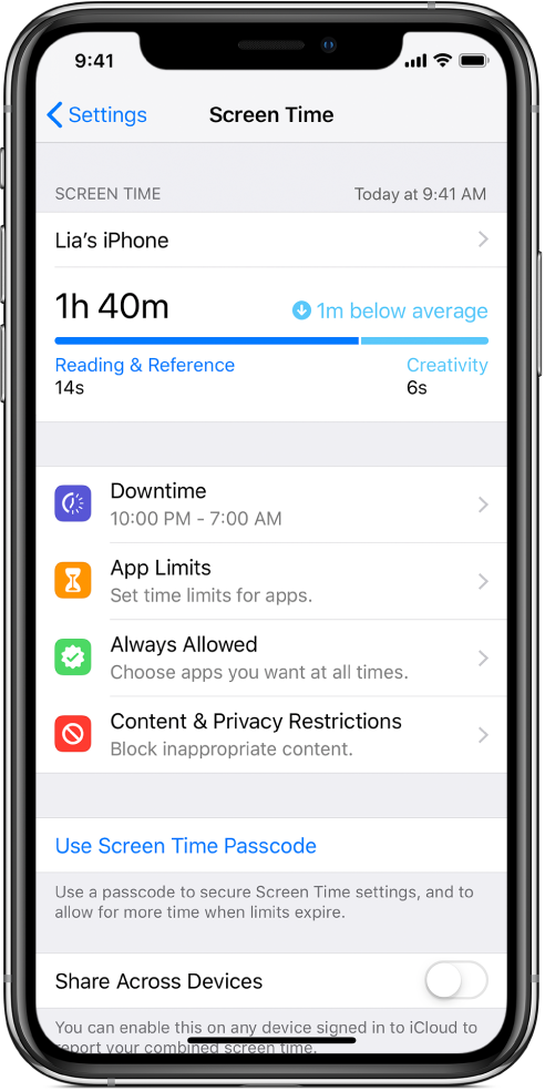 The Screen Time settings you can turn on—Downtime, App Limits, Always Allowed, and Content & Privacy Restrictions.