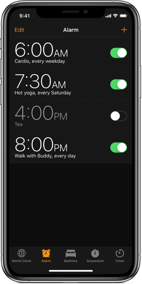 The Alarm tab, showing four alarms set for various times.