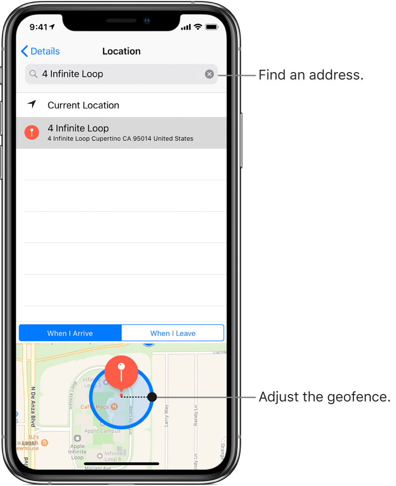 The location details for a reminder. At the top of screen is the search field, containing an address. Below that is the address of the location found in search results. At the bottom of the screen is a map showing a geofence around the location. On the right edge of the geofence is a dot, which you can drag to adjust the size of the geofence.