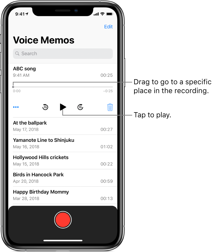 The Voice Memos list screen with a selected recording at the top. The recording timeline has a playhead, and beginning and end times at either end. Below the timeline are the More button, which you can tap to edit, duplicate, or share a recording, the skip back 15s button, the play button, the skip forward 15s button, and the delete button. Below these controls is a list of recordings that can be opened with a tap.