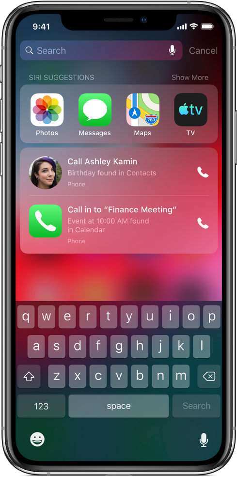 A Search screen showing a row of apps under the label “Siri suggestions.” Below the row are additional Siri suggestions to call a friend for her birthday and to call in to a meeting on your calendar.