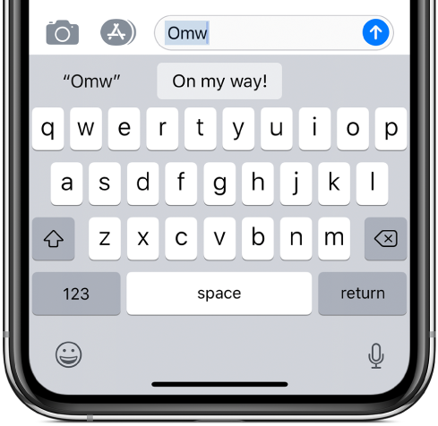 A message with the text shortcut OMW typed and “On my way!” suggested below.