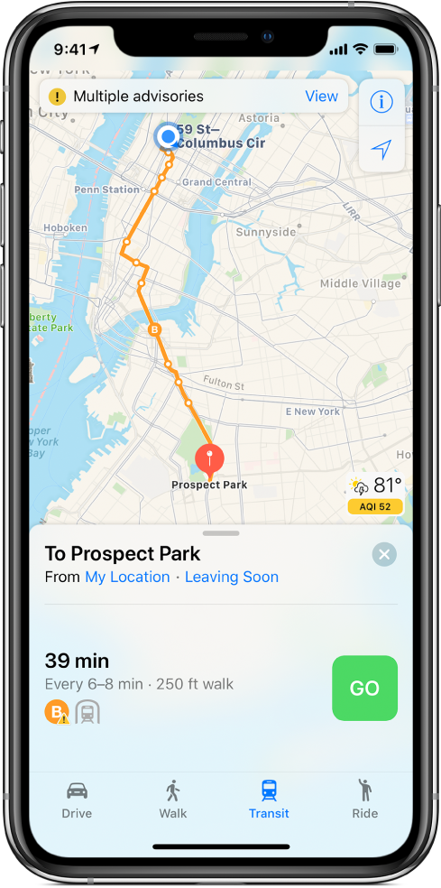 A transit map of New York City showing a transit line between 59 Street-Columbus Circle and Prospect Park. A route card near the bottom shows that a train is leaving soon and that trains leave every 6-8 minutes. The station is a 250 ft walk from the current location.