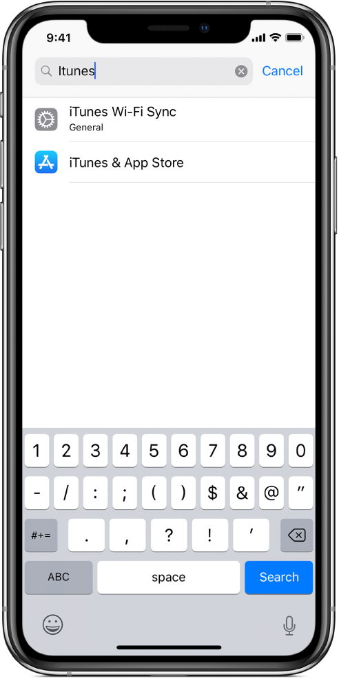 The screen for searching for settings, with the search field at the top of the screen. The search string “iTunes” is in the search field, and two found settings are in the list below.