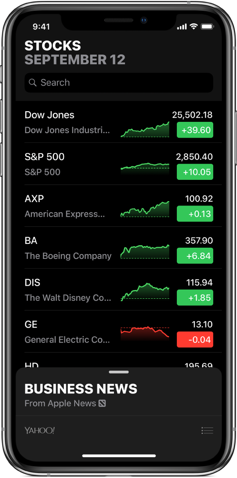 A watchlist showing a list of different stocks. Each stock in the list displays, from left to right, the stock symbol and name, a performance chart, the stock price, and price change. At the top of the screen, above the watchlist, is the search field. Below the watchlist is Business News, swipe up on Business News to display stories.