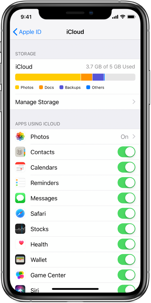 The iCloud settings screen showing the iCloud Storage meter and a list of apps and features, including Mail, Contacts, and Messages, that can be used with iCloud.