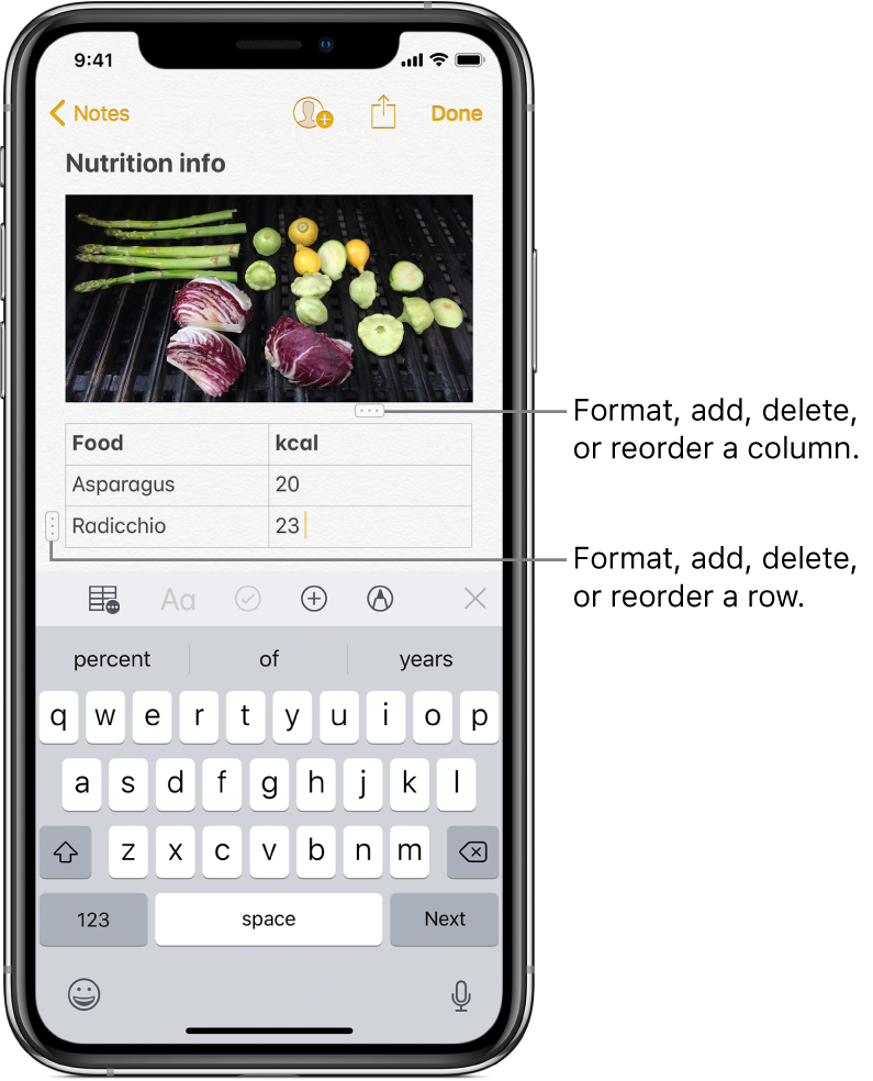 A note with a table. The top of a column shows the column selection handle, which you tap to format, add, delete, or reorder the column. Similarly, the beginning of a row shows the row selection handle.