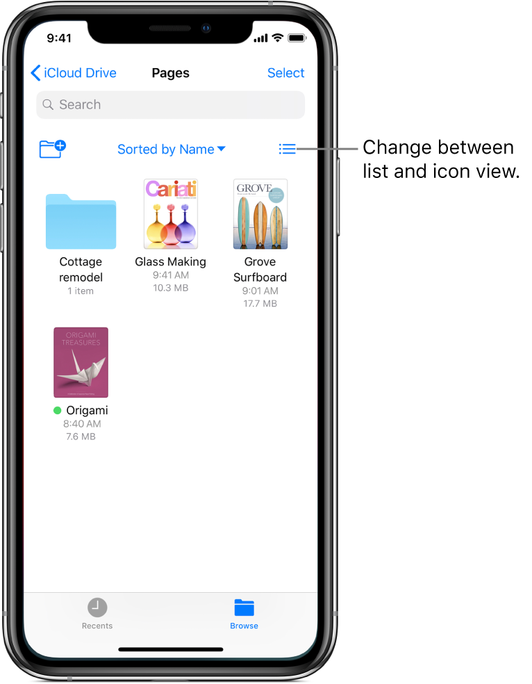 An iCloud Drive location for Pages files. The items are sorted by name and consist of a folder called Cottage remodel and three documents: Glass Making, Grove Surfboard, and Origami. A button to add a folder appears near the upper left, and a button to change between list and icon view appears near the upper right.