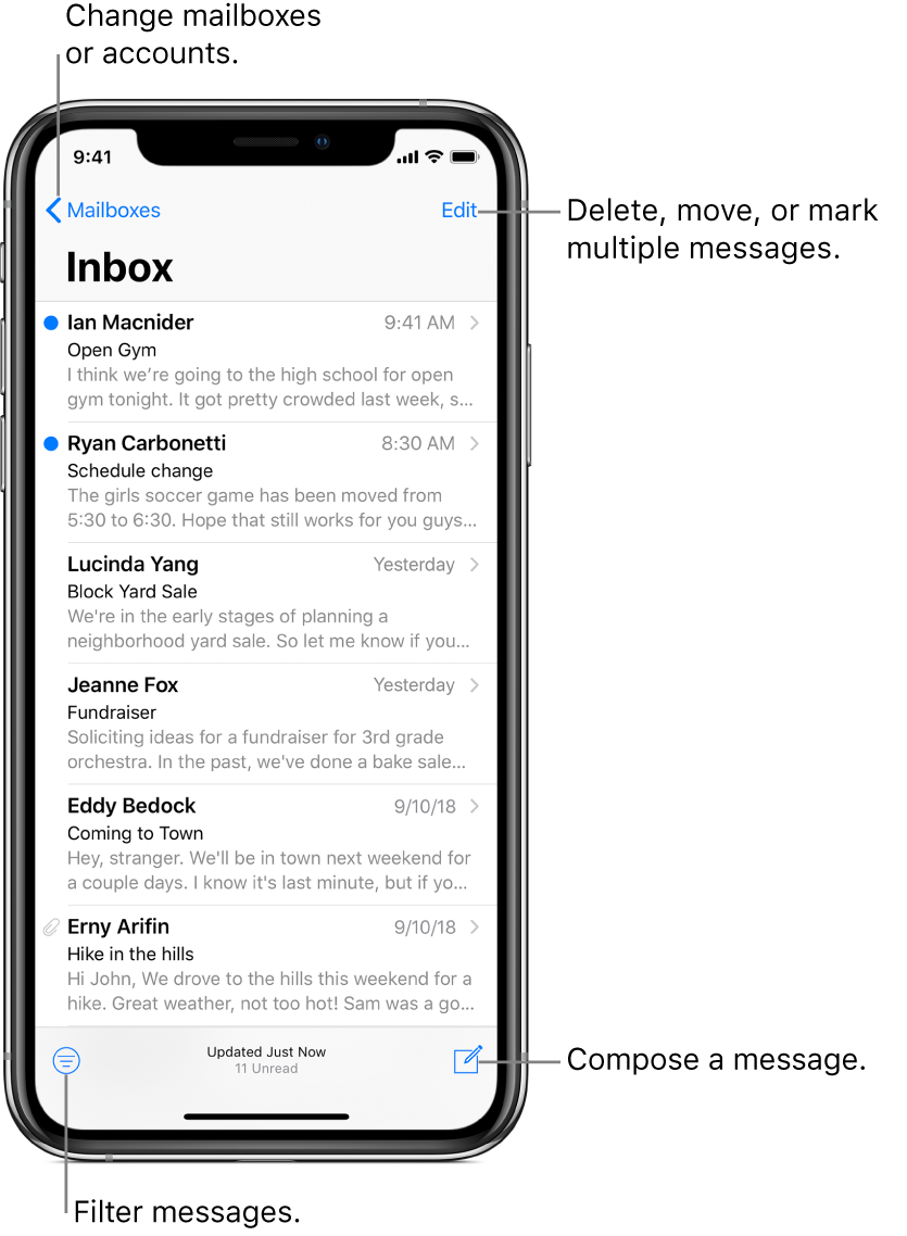 The Inbox, showing a list of emails. The Mailboxes button for switching to another mailbox is in the top-left corner. The Edit button for deleting, moving, or marking emails is in the top-right corner. The button for filtering the emails so only certain kinds of emails show is in the bottom-left corner. The button for composing a new email is in the bottom-right corner