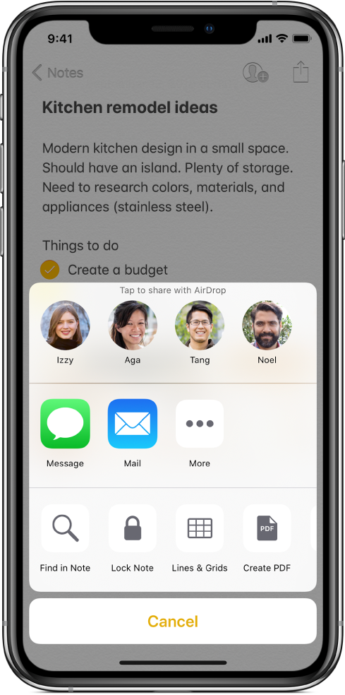 The share screen with options to share a note with AirDrop or through Messages or Mail.