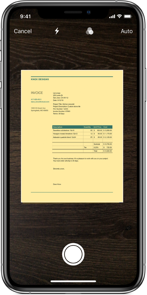 A screen showing a document being scanned. The Take Picture button is at the bottom center.