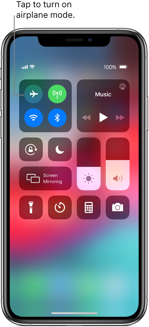 A screen with Control Center showing that a tap on the top-left button turns on airplane mode.