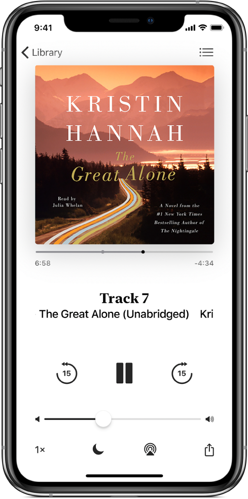 The audiobook player screen showing the audiobook cover at the top. Below the cover are the playhead, track number, author and audiobook name, and the play, pause, and skip forward or back controls. At the bottom of the screen, from left to right, are the Playback Speed button, Sleep Timer button, Playback Destination button, and Share button. The Track List button is at the top right and the Close button is at the top left.