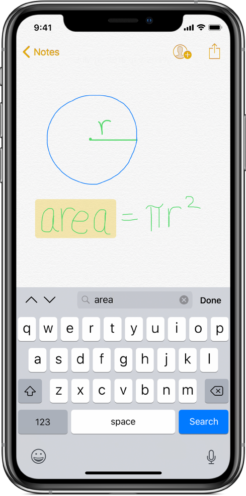 A note with searchable handwriting. The word “area” is entered in the search field and is highlighted in the note.