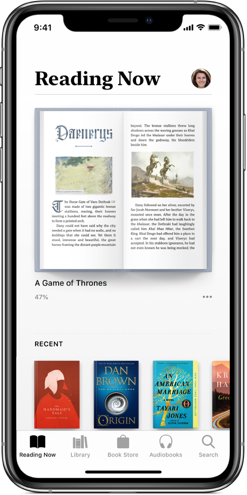 The Reading Now screen in the Books app. At the bottom of the screen are, from left to right, the Reading Now, Library, Book Store, Audiobooks and Search tabs.