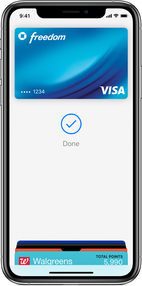 A credit card on the Wallet screen. Below the card is a checkmark and the word “Done.”