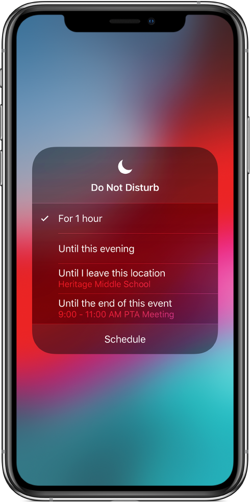 The screen for choosing how long to leave Do Not Disturb on—the options are For 1 hour, Until this evening, Until I leave this location, and Until the end of this event.