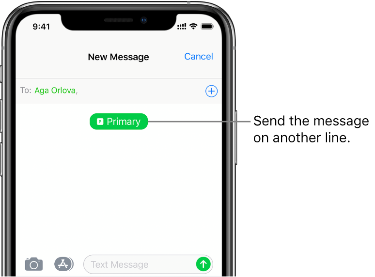 The Messages screen for a new SMS/MMS conversation. To send the message on your other line, tap the line button below the recipient.