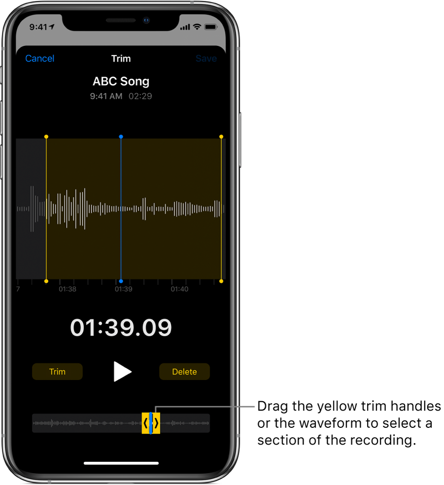 The recording being trimmed, with the trim handles enclosing a portion of the audio waveform at the bottom of the screen. A Play button and a recording timer appear above the waveform. The trim handles are below the Play button.
