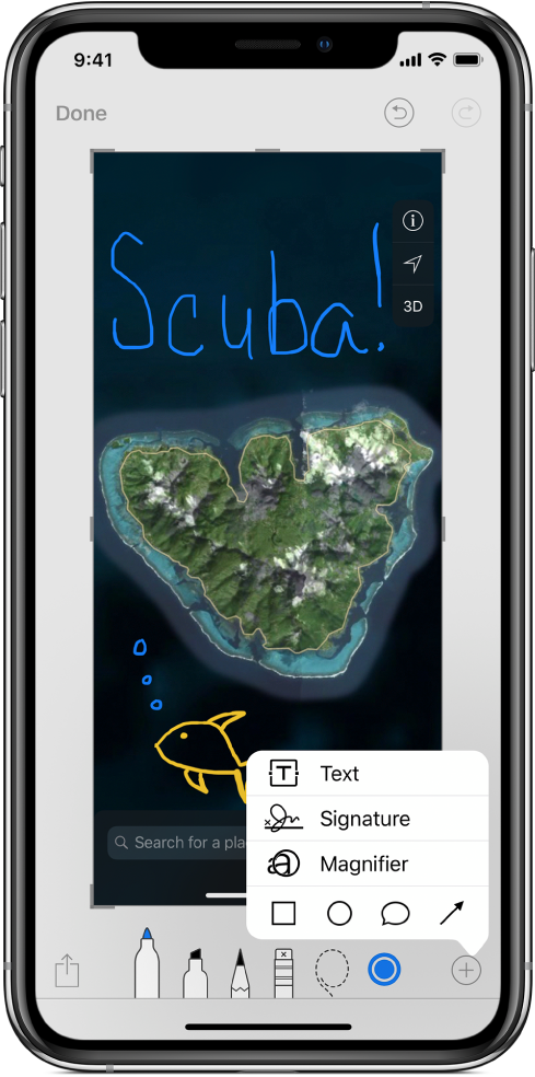 A map image is annotated in blue and yellow handwriting. Drawing tools and the color selector appear at the bottom of the screen. A menu with choices to add text, a signature, magnifying glass, and shapes appears in the lower-right corner.