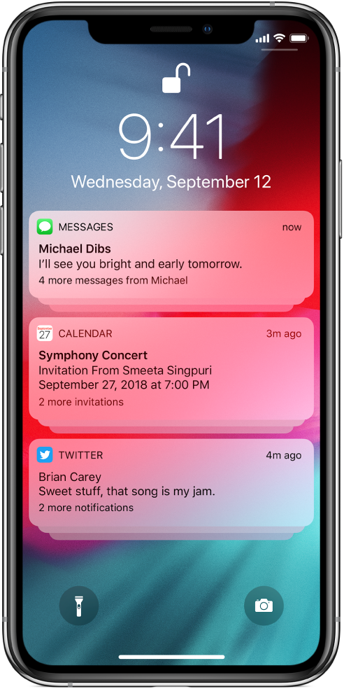 Three groups of notifications on the Lock screen: five messages, three Calendar invitations, and three Twitter notifications.