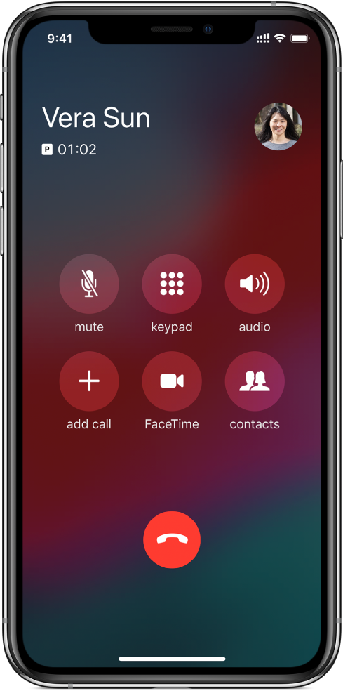 The Phone screen showing buttons for options while you’re on a call. In the top row from left to right are the mute, keypad, and speaker buttons. In the bottom row from left to right are the add call, FaceTime, and contacts buttons.