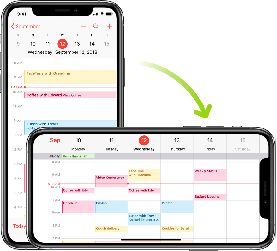 In the background, iPhone displays a Calendar screen, showing one day’s events in portrait orientation; in the foreground, iPhone is rotated to landscape orientation, which displays the Calendar events for the whole week containing the same day.