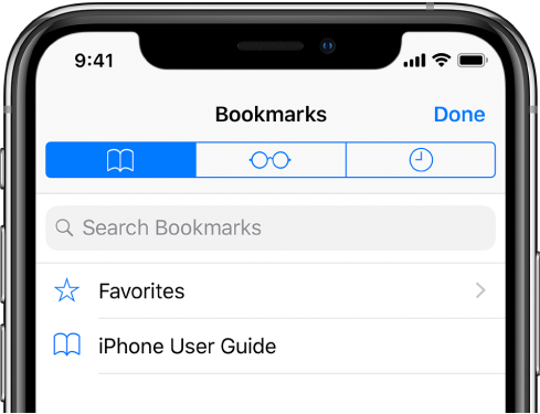 The Bookmarks screen, with options to see favorites and browsing history along with bookmarks.