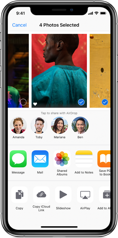 The Sharing screen with photos across the top; two photos are selected, indicated with a white checkmark in a blue circle. The row beneath the photos shows friends you can share with using AirDrop. Below that are other sharing options, including, from left to right, Messages, Mail, Shared Albums, and Add to Notes. In the bottom row are the Copy, Copy iCloud Link, Slideshow, AirPlay, and Add to Album buttons.