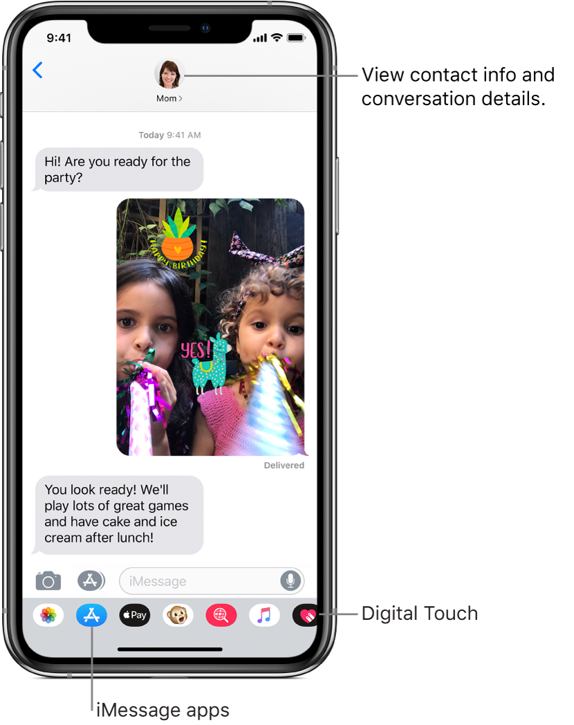 A Messages conversation. Along the top, from left to right, are the Back button, and a photo of the person you’re messaging. At the center are the messages sent and received during the conversation. Along the bottom, from left to right, are the Photos, Stores, Apple Pay, Animoji, Hashtag Images, Music, and Digital Touch buttons.