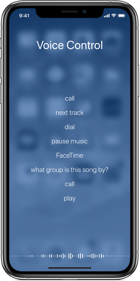 The Voice Control screen, showing examples of commands you can use. A waveform appears along the bottom of the screen.