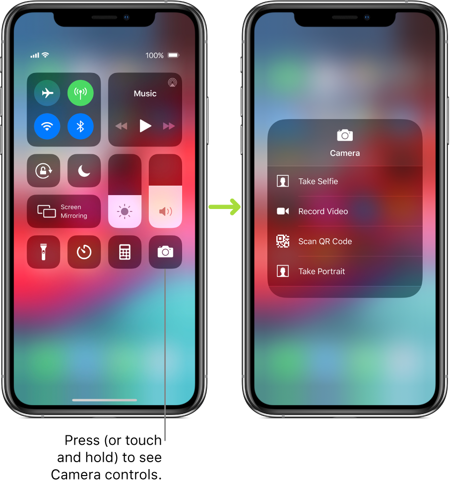 Two Control Center screens side-by-side—the one on the left shows controls for airplane mode, cellular data, Wi-Fi, and Bluetooth in the top-left group, and has a callout that says to press (or touch and hold) the Camera to see the Camera controls. The screen on the right shows additional options for Camera: Take Selfie, Record Video, Scan QR Code, and Take Portrait.